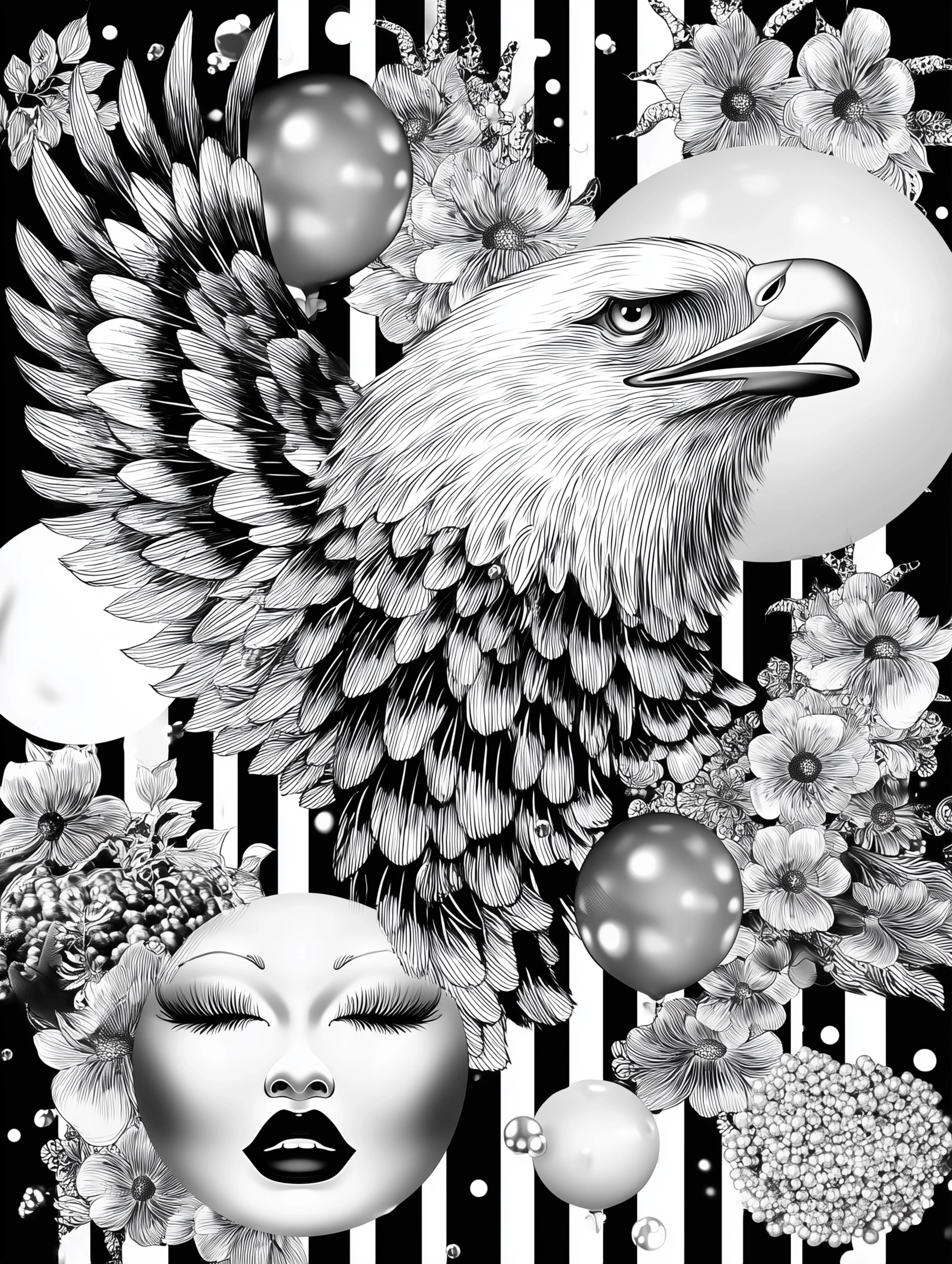 Free printable eagle coloring page for adults featuring a flashy eagle with a woman face